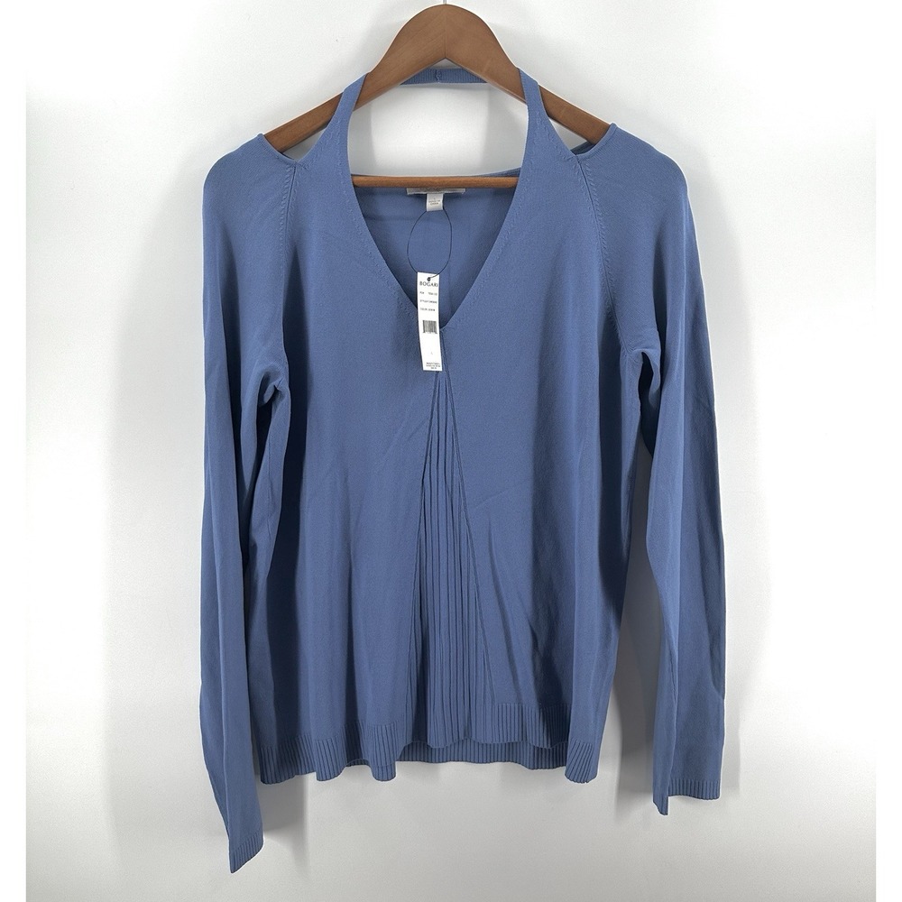 NWT Bogari Blue Womens Halter V-Neck Soft Knit‎ L Open Back Sweater